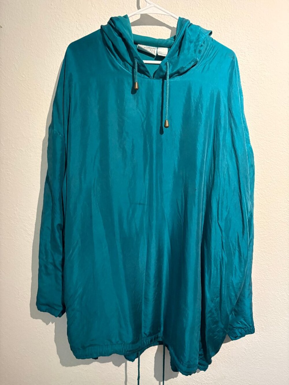 100% Silk Dark Teal Hooded Tie-Waist Top XL